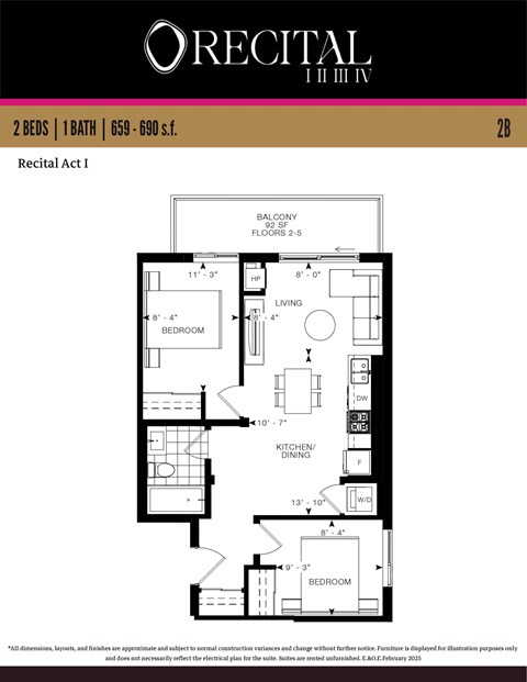 Floor plan for 2 beds, 1 bath, 690 sqft